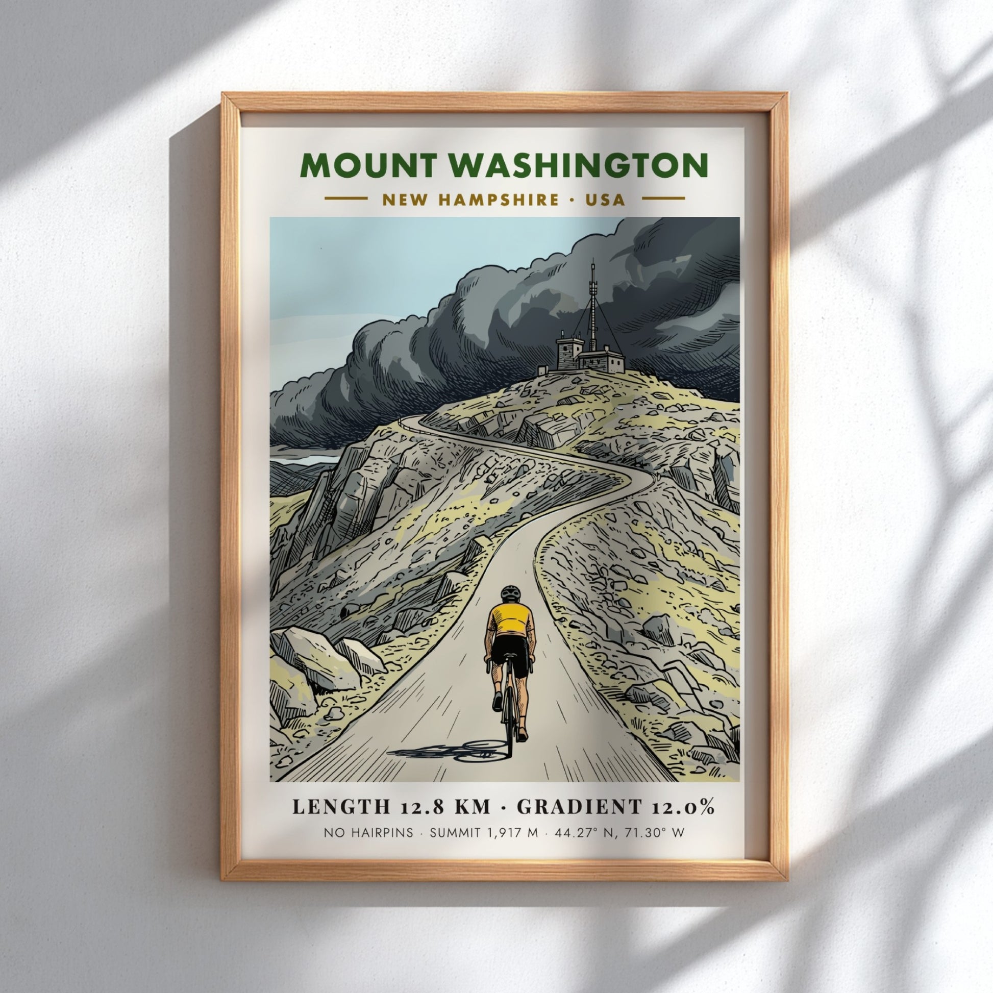 Cycling poster showing a cyclist riding up the steep winding Mount Washington road.