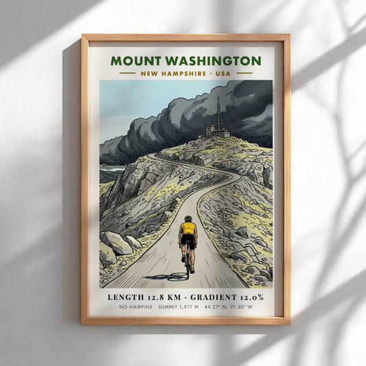 Cycling poster showing a cyclist riding up the steep winding Mount Washington road.