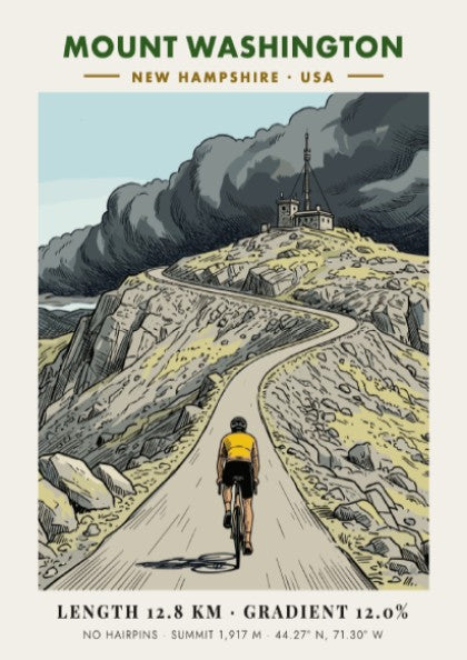 Cycling poster showing a cyclist riding up the steep winding Mount Washington road.