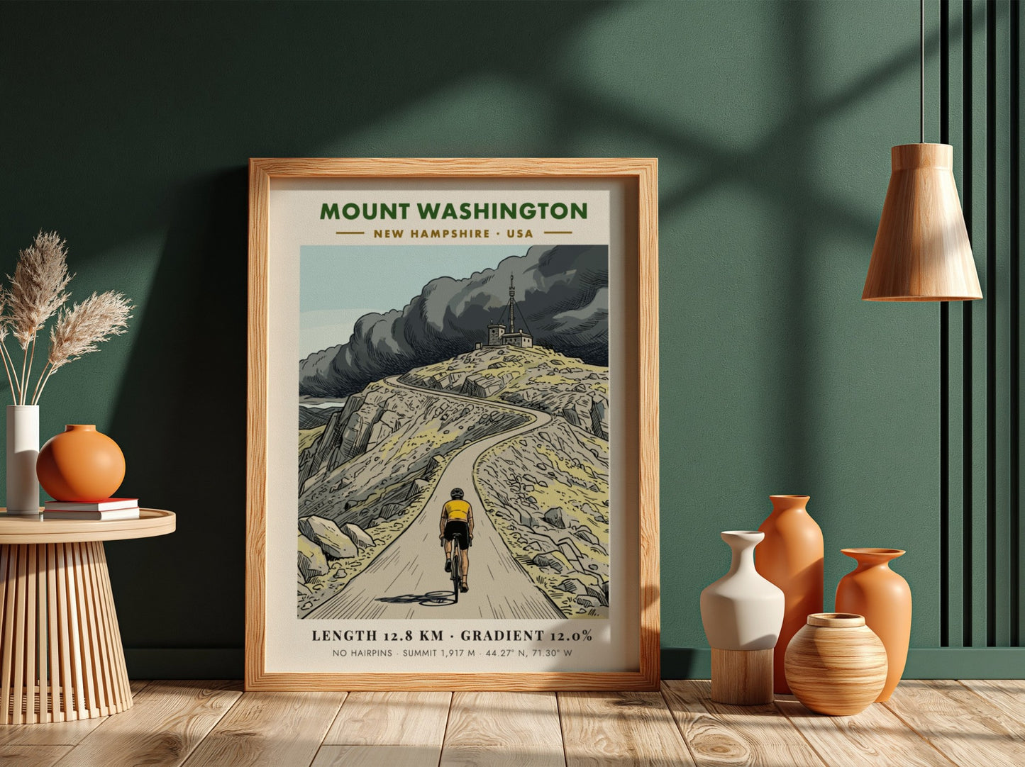 Cycling poster showing a cyclist riding up the steep winding Mount Washington road.