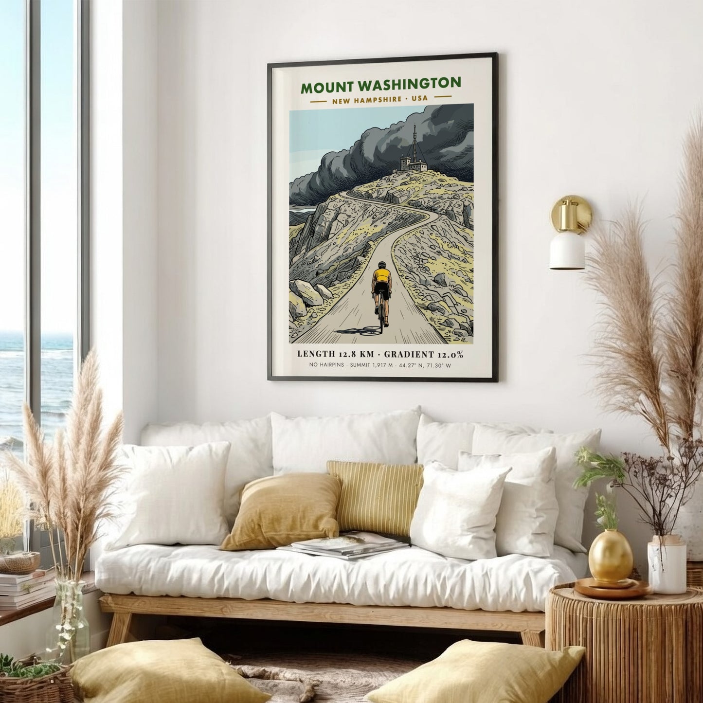 Cycling poster showing a cyclist riding up the steep winding Mount Washington road.