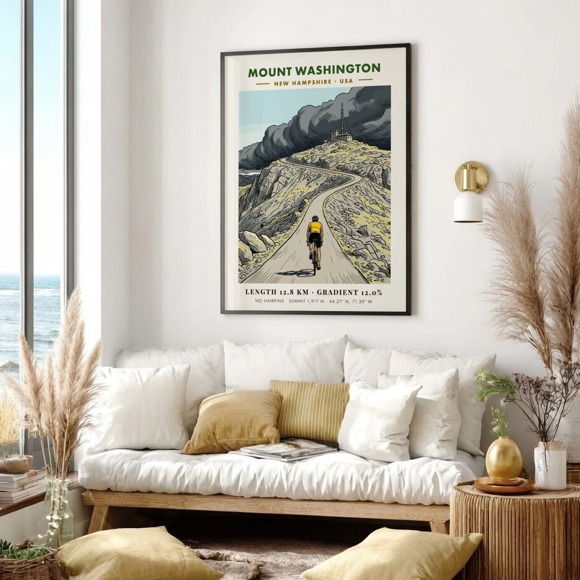 Cycling poster showing a cyclist riding up the steep winding Mount Washington road.