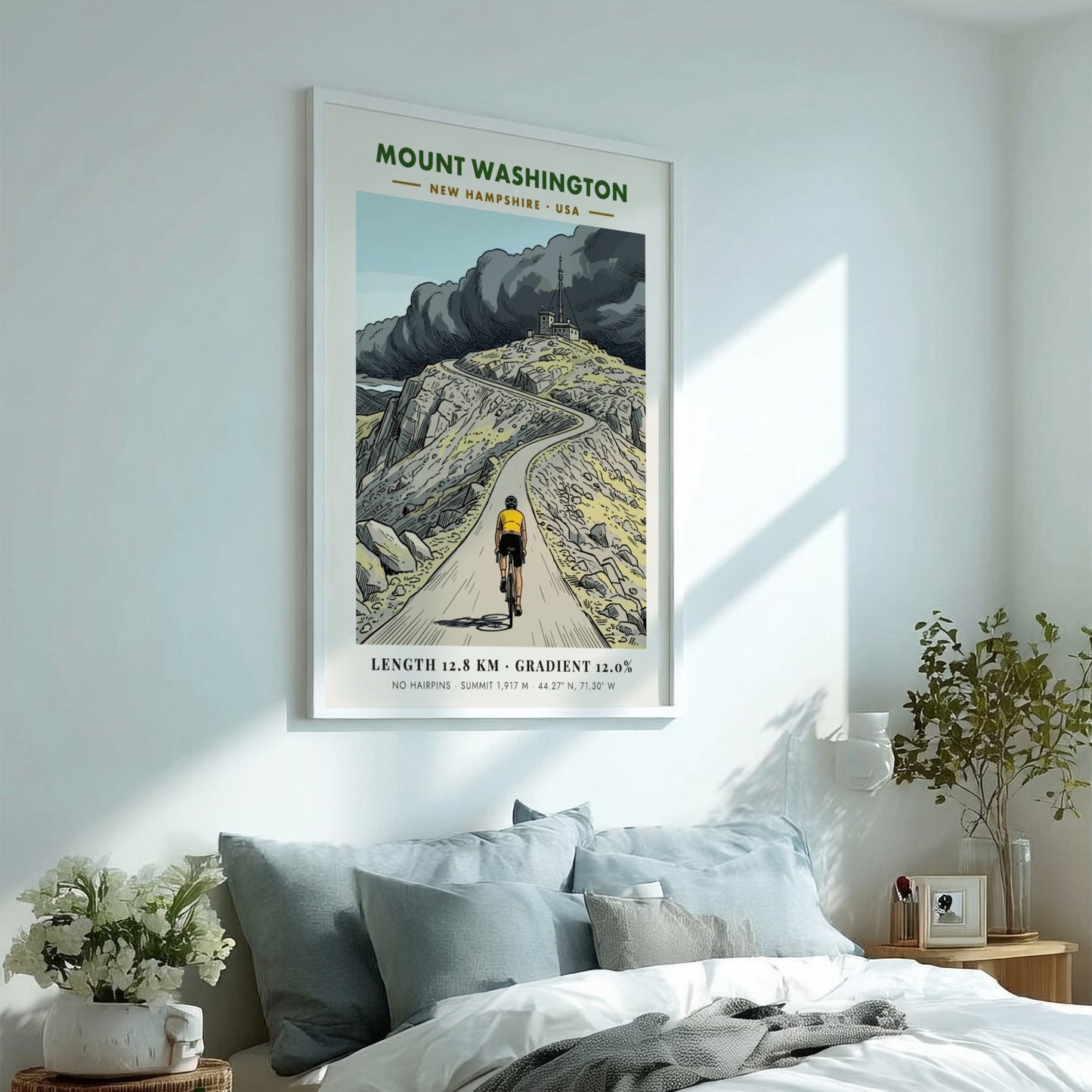 Cycling poster showing a cyclist riding up the steep winding Mount Washington road.