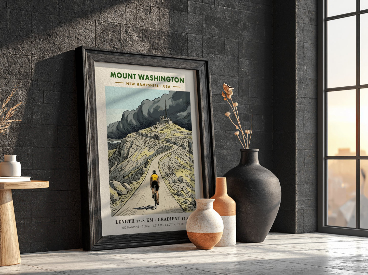 Cycling poster showing a cyclist riding up the steep winding Mount Washington road.