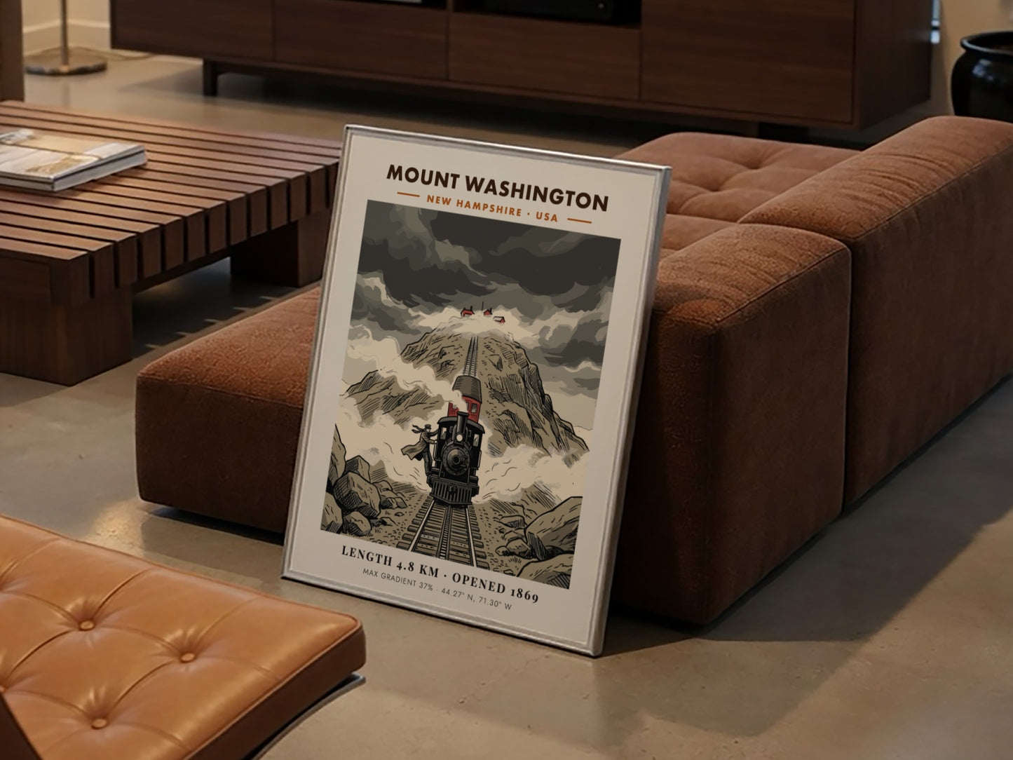 Poster featuring a vintage steam train climbing the steep, rocky slopes of Mount Washington.