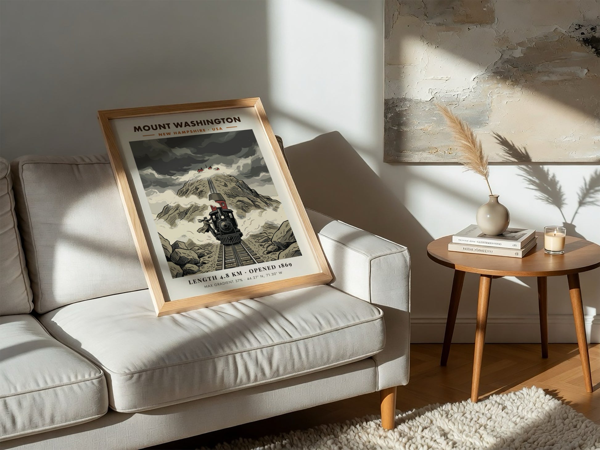Poster featuring a vintage steam train climbing the steep, rocky slopes of Mount Washington.