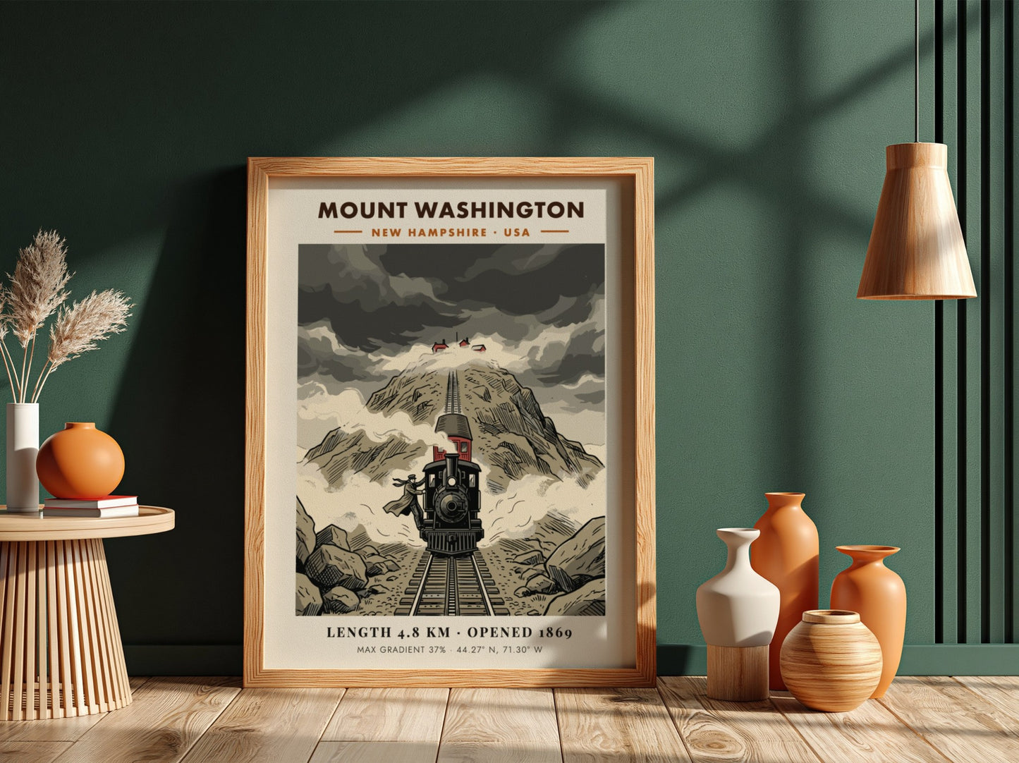 Poster featuring a vintage steam train climbing the steep, rocky slopes of Mount Washington.