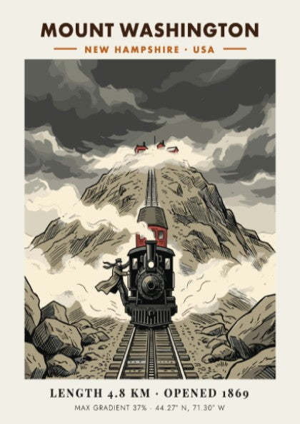 Poster featuring a vintage steam train climbing the steep, rocky slopes of Mount Washington.