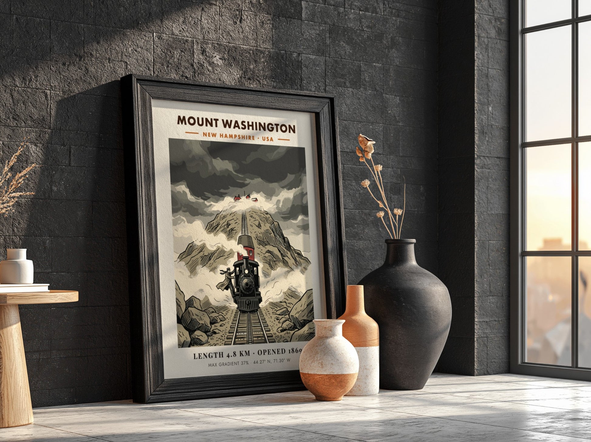 Poster featuring a vintage steam train climbing the steep, rocky slopes of Mount Washington.