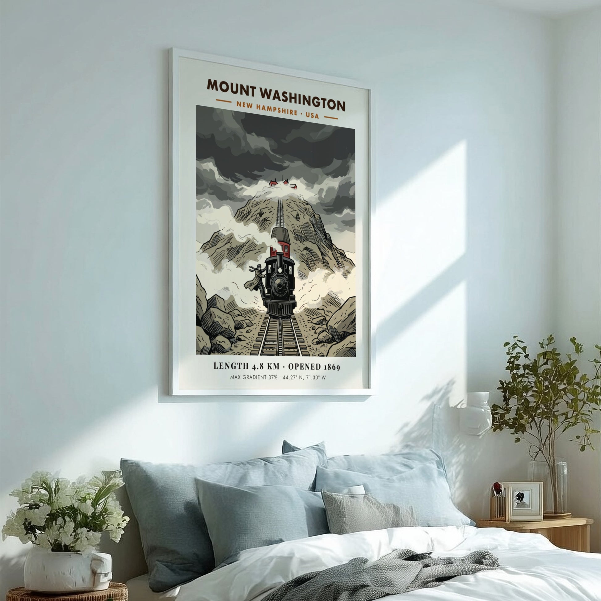 Poster featuring a vintage steam train climbing the steep, rocky slopes of Mount Washington.