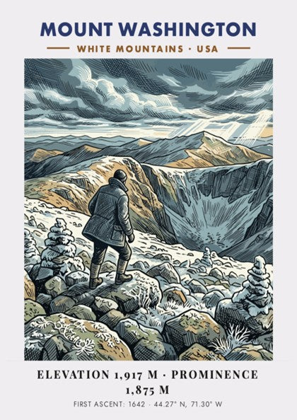 Poster featuring Mount Washington in the White Mountains with a hiker in winter.