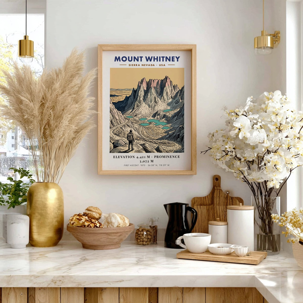 Poster of Mount Whitney in the Sierra Nevada featuring a hiker and lakes.