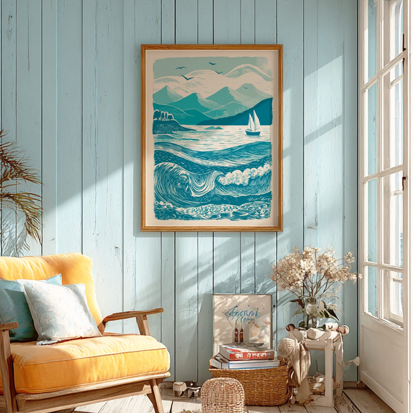 Living room with a yellow sofa, framed artwork of a seascape, and decorative items.