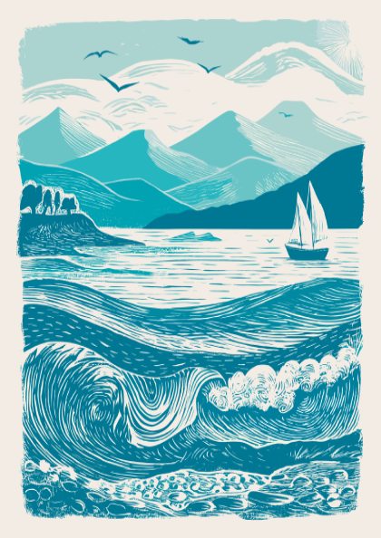 Stylized illustration of a sailboat on a blue sea with mountains in the background