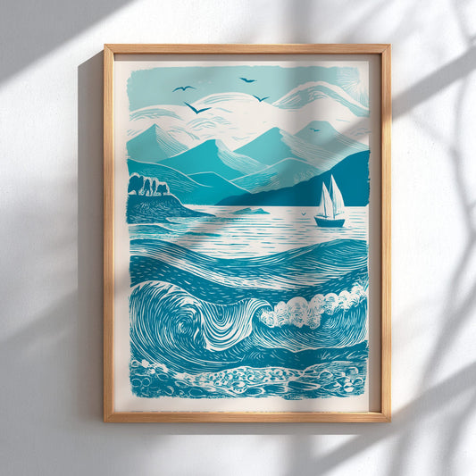 Framed artwork of a mountain and wave landscape on a white wall.