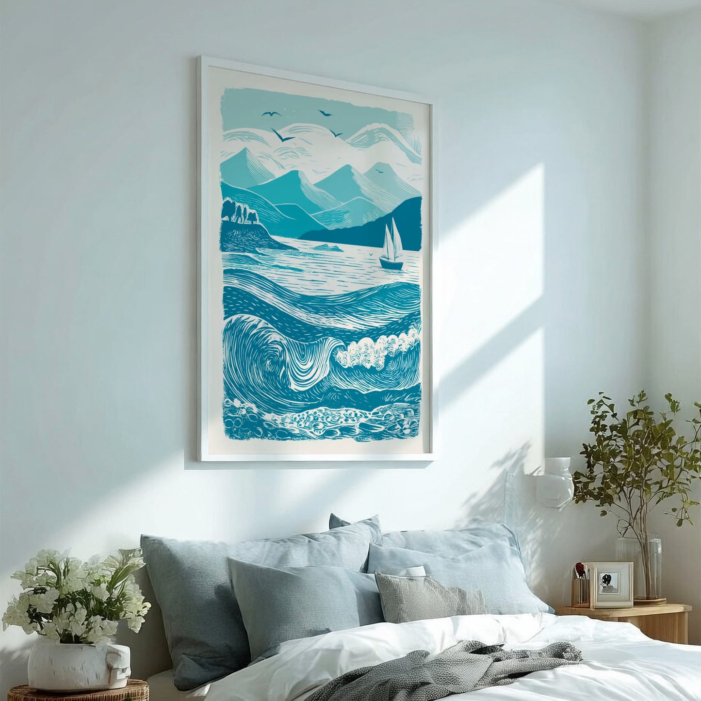 Bedroom with a large framed artwork of a mountain and sailboat scene on the wall.