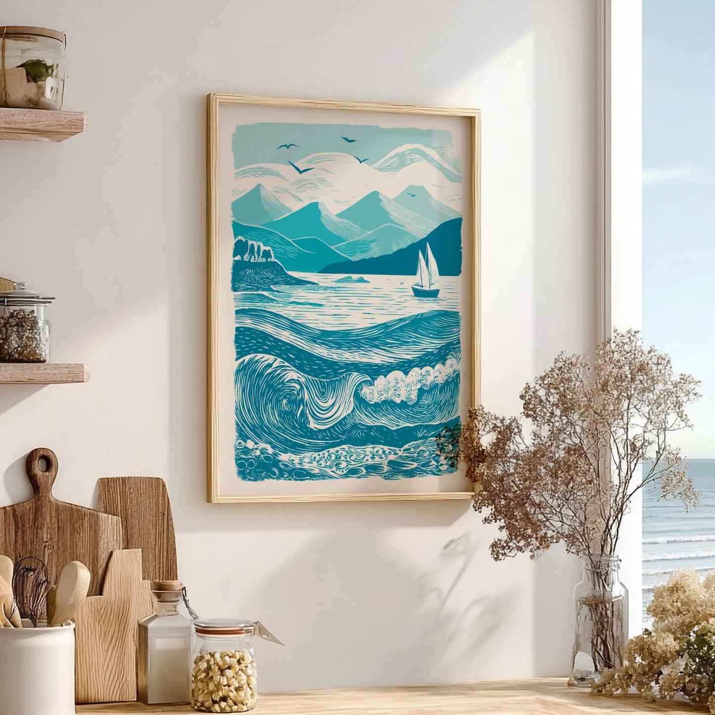 Framed artwork of a mountain and sailboat scene in a room with wooden shelves and decor.