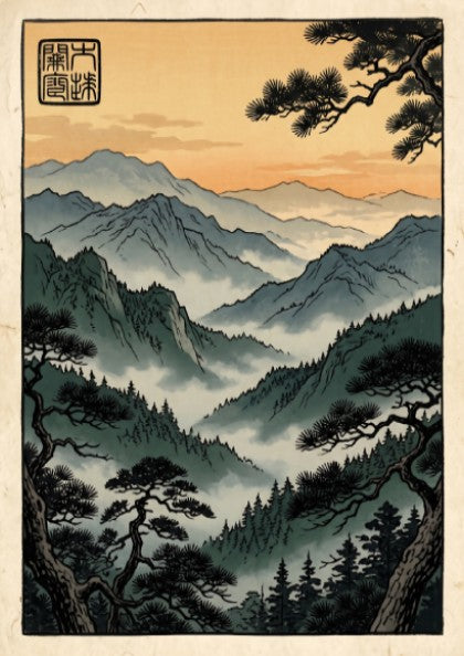 Mountain Forest Sunset Poster featuring Japanese art style with serene mountains and warm sunset colors