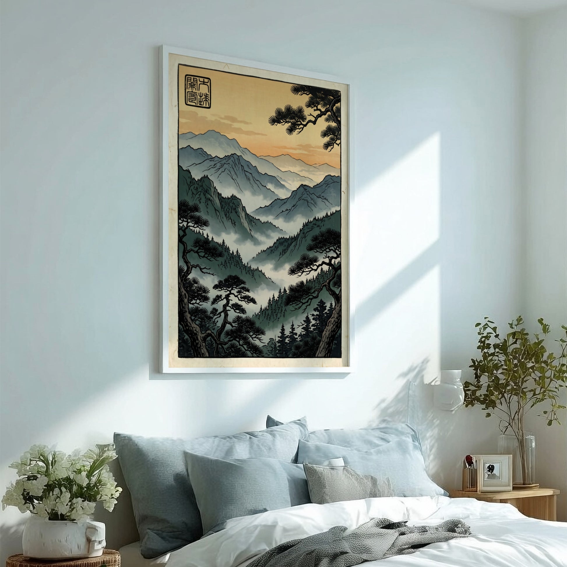 Mountain Forest Sunset Poster featuring Japanese art style with serene mountains and warm sunset colors