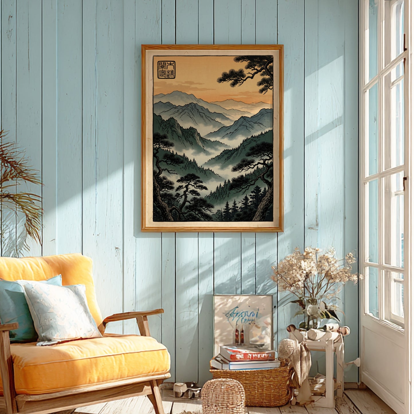 Mountain Forest Sunset Poster featuring Japanese art style with serene mountains and warm sunset colors
