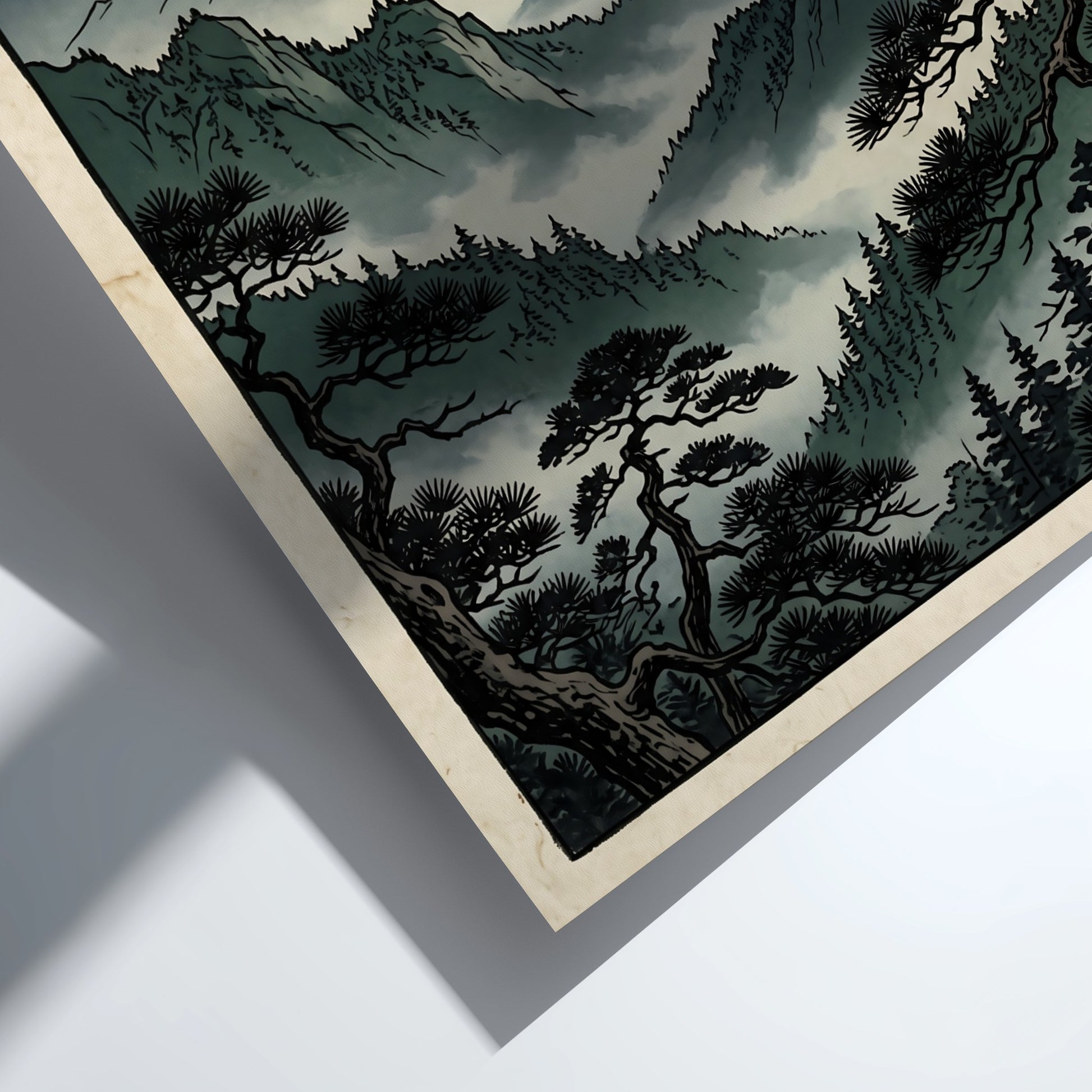 Mountain Forest Sunset Poster featuring Japanese art style with serene mountains and warm sunset colors