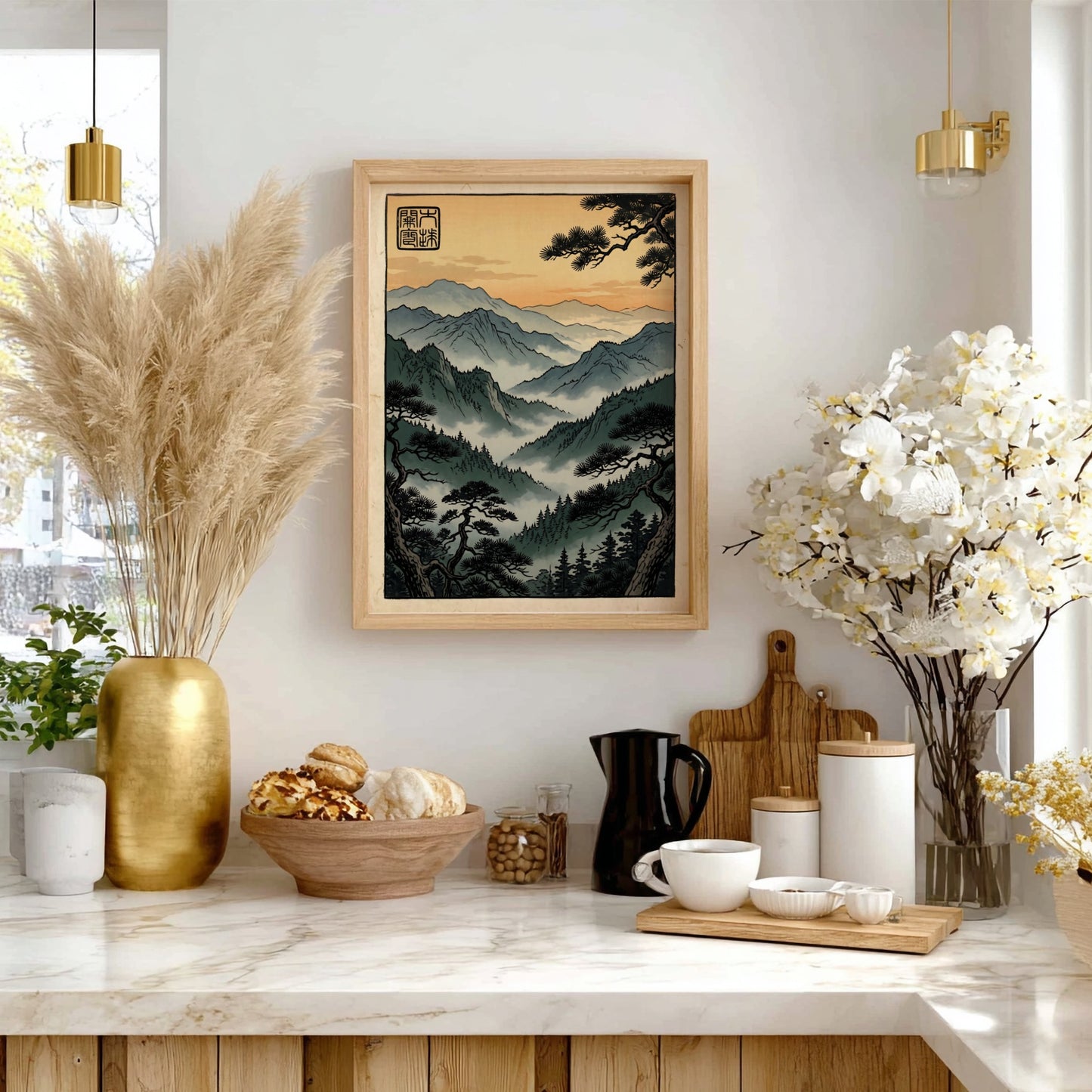 Mountain Forest Sunset Poster featuring Japanese art style with serene mountains and warm sunset colors