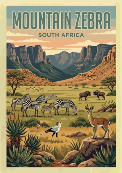 Mountain zebra poster featuring wildlife and nature landscape in warm colors