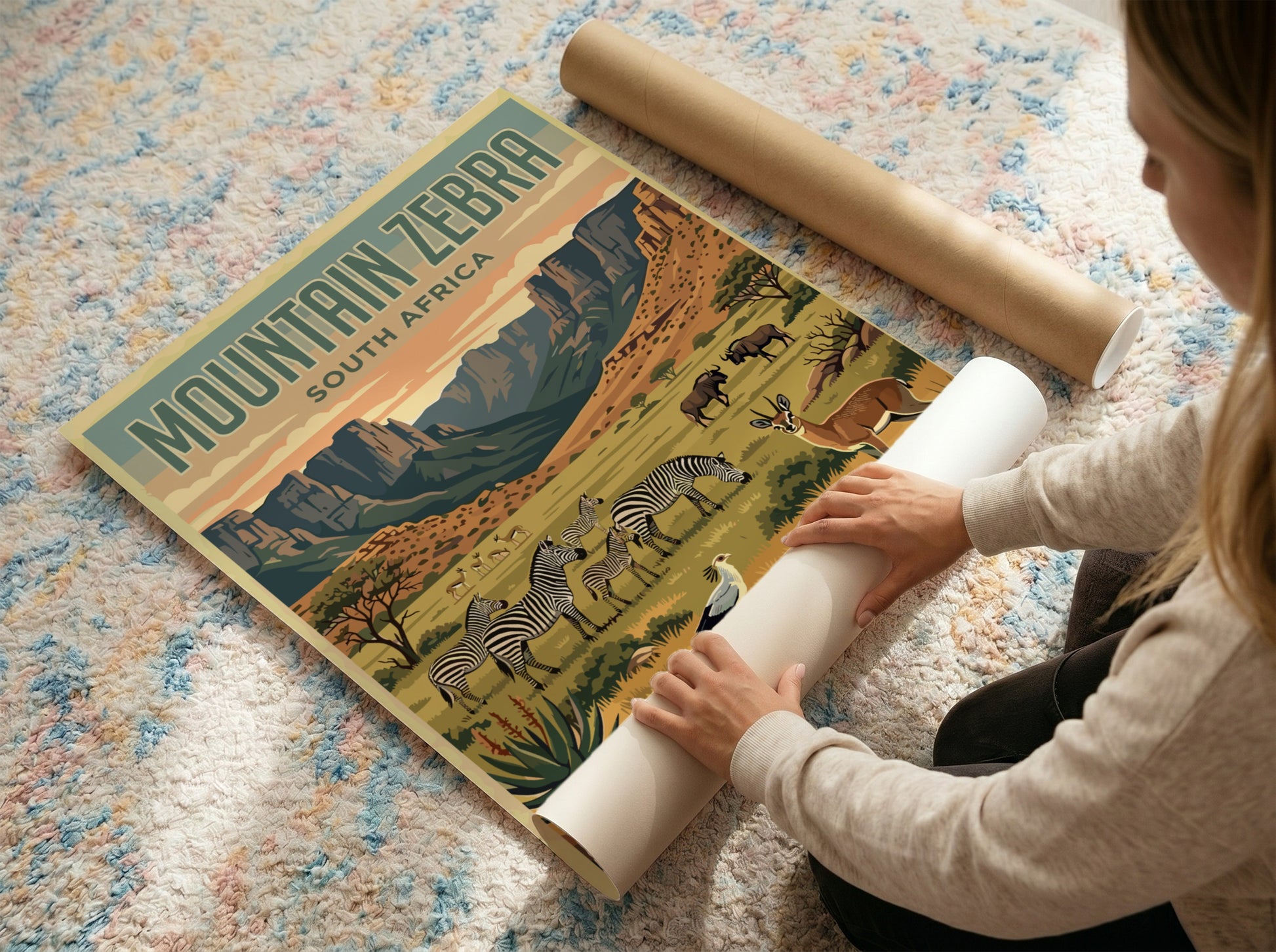 Mountain zebra poster featuring wildlife and nature landscape in warm colors