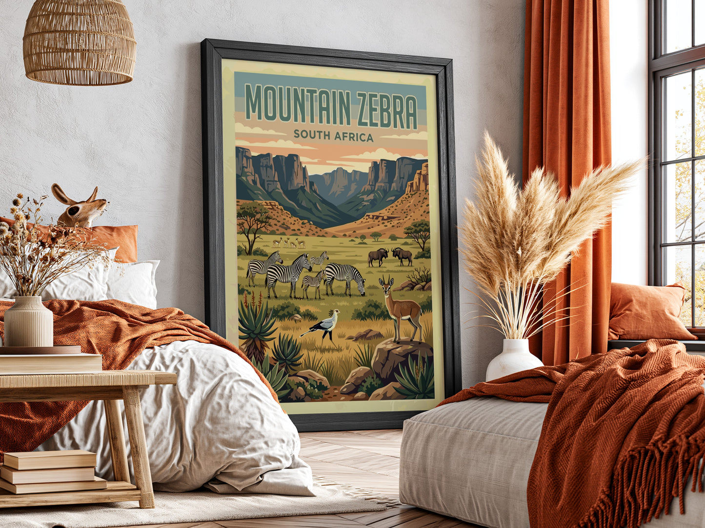 Mountain zebra poster featuring wildlife and nature landscape in warm colors