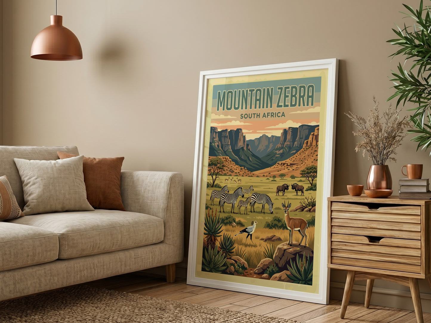 Mountain zebra poster featuring wildlife and nature landscape in warm colors