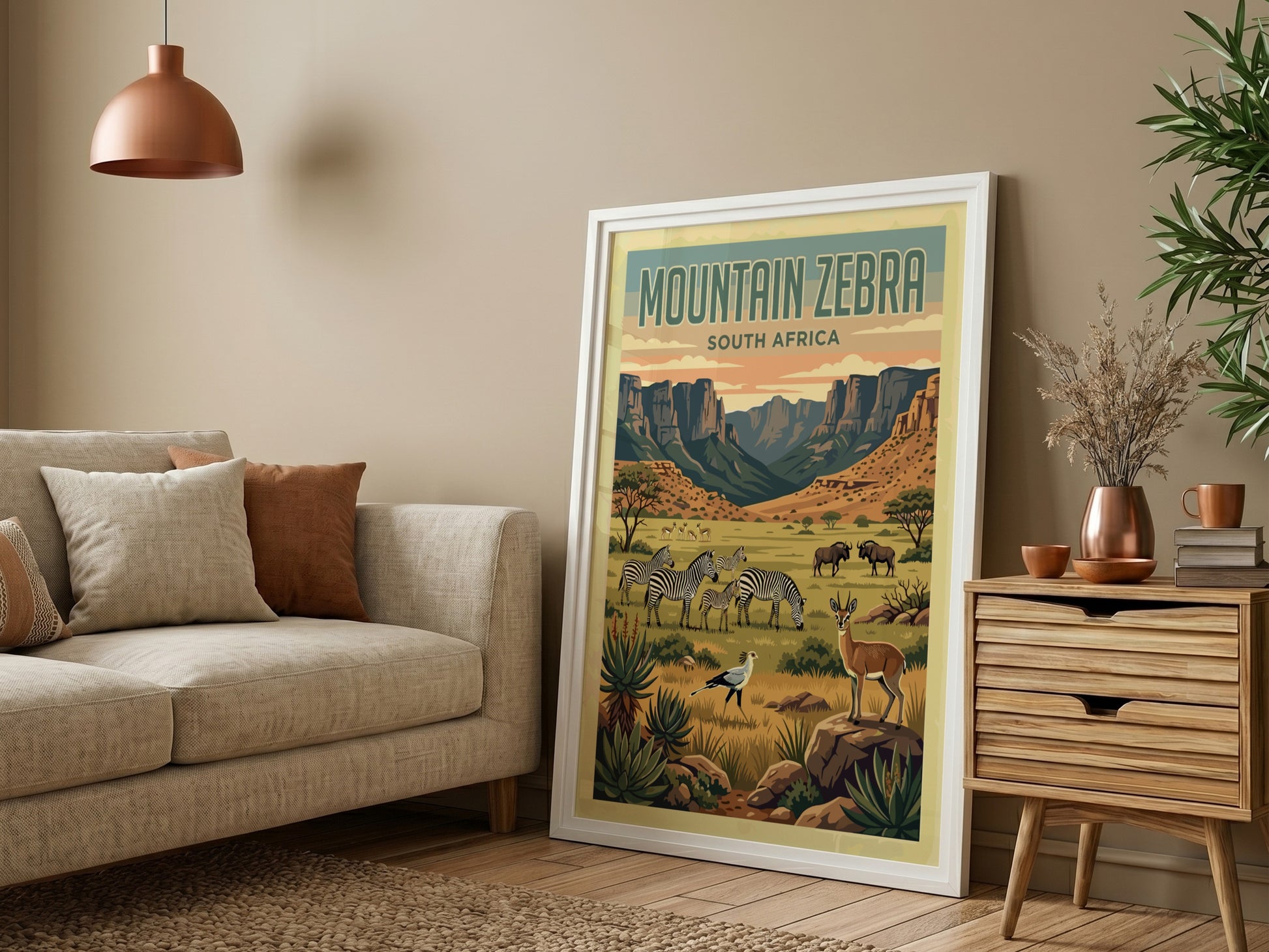 Mountain zebra poster featuring wildlife and nature landscape in warm colors