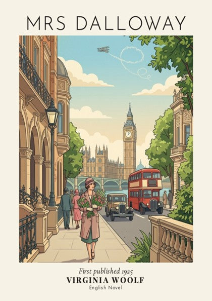Poster featuring Mrs Dalloway walking through 1925 London with Big Ben and buses.