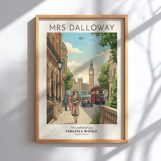 Poster featuring Mrs Dalloway walking through 1925 London with Big Ben and buses.