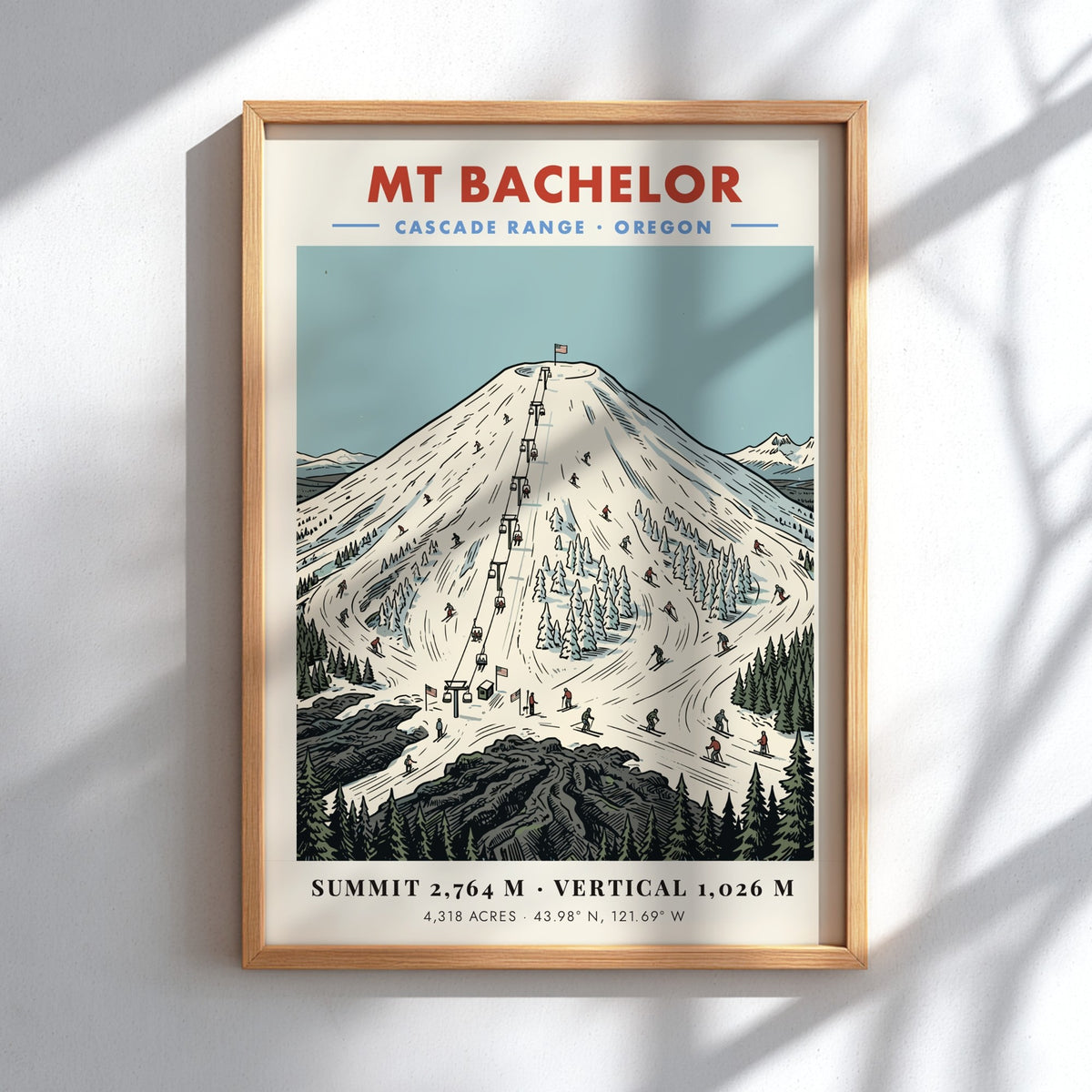 Poster of Mt Bachelor in the Cascade Range with snowy slopes and skiers.
