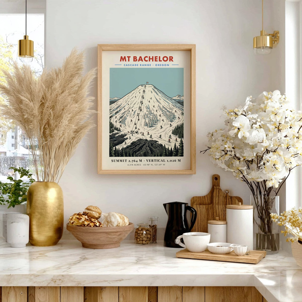 Poster of Mt Bachelor in the Cascade Range with snowy slopes and skiers.