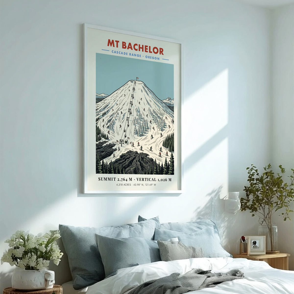Poster of Mt Bachelor in the Cascade Range with snowy slopes and skiers.