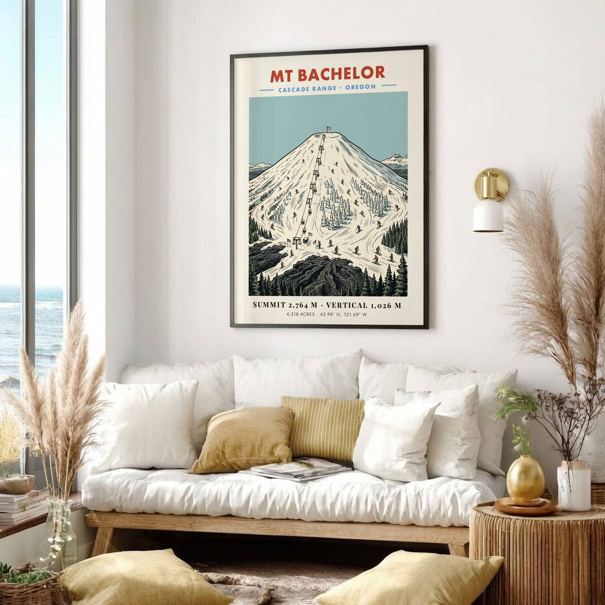 Poster of Mt Bachelor in the Cascade Range with snowy slopes and skiers.