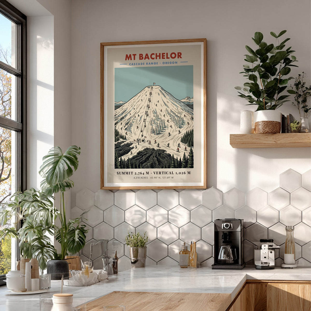 Poster of Mt Bachelor in the Cascade Range with snowy slopes and skiers.