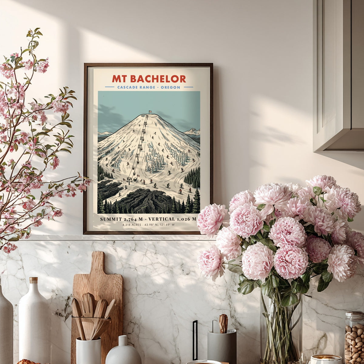 Poster of Mt Bachelor in the Cascade Range with snowy slopes and skiers.