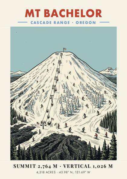 Poster of Mt Bachelor in the Cascade Range with snowy slopes and skiers.