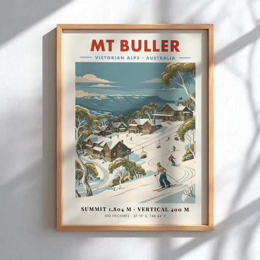 Mt Buller ski resort poster featuring vintage winter scene with skiers and cozy lodges in soft colors