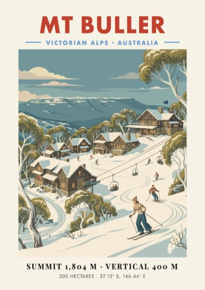 Mt Buller ski resort poster featuring vintage winter scene with skiers and cozy lodges in soft colors