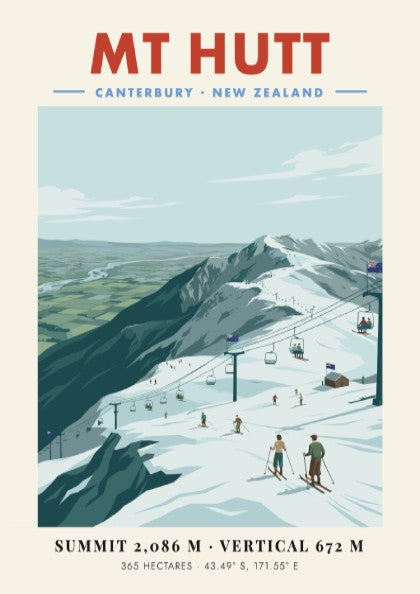 Mt Hutt ski resort poster featuring skiers and snowy landscape in vintage style