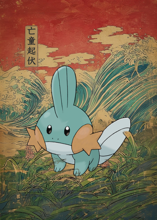 Mudkip Pokemon on a background resembling a famous Japanese woodcut