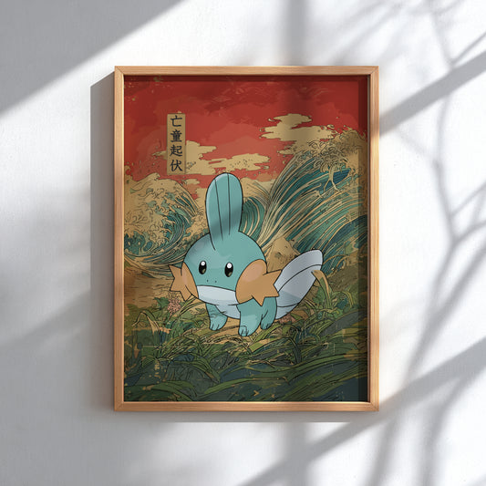 Framed artwork of Mudkip Pokemon on a red and gold background