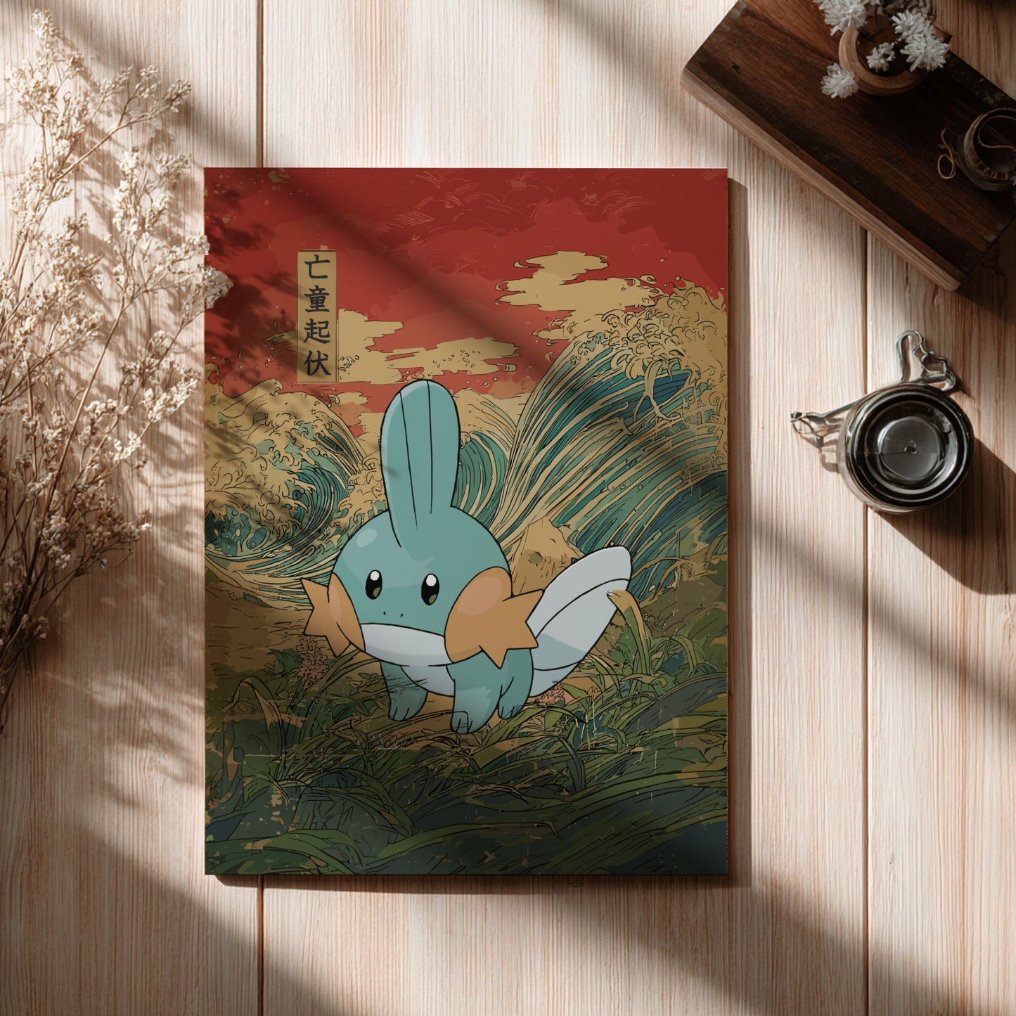 Poster with Mudkip Pokemon character on a wooden surface