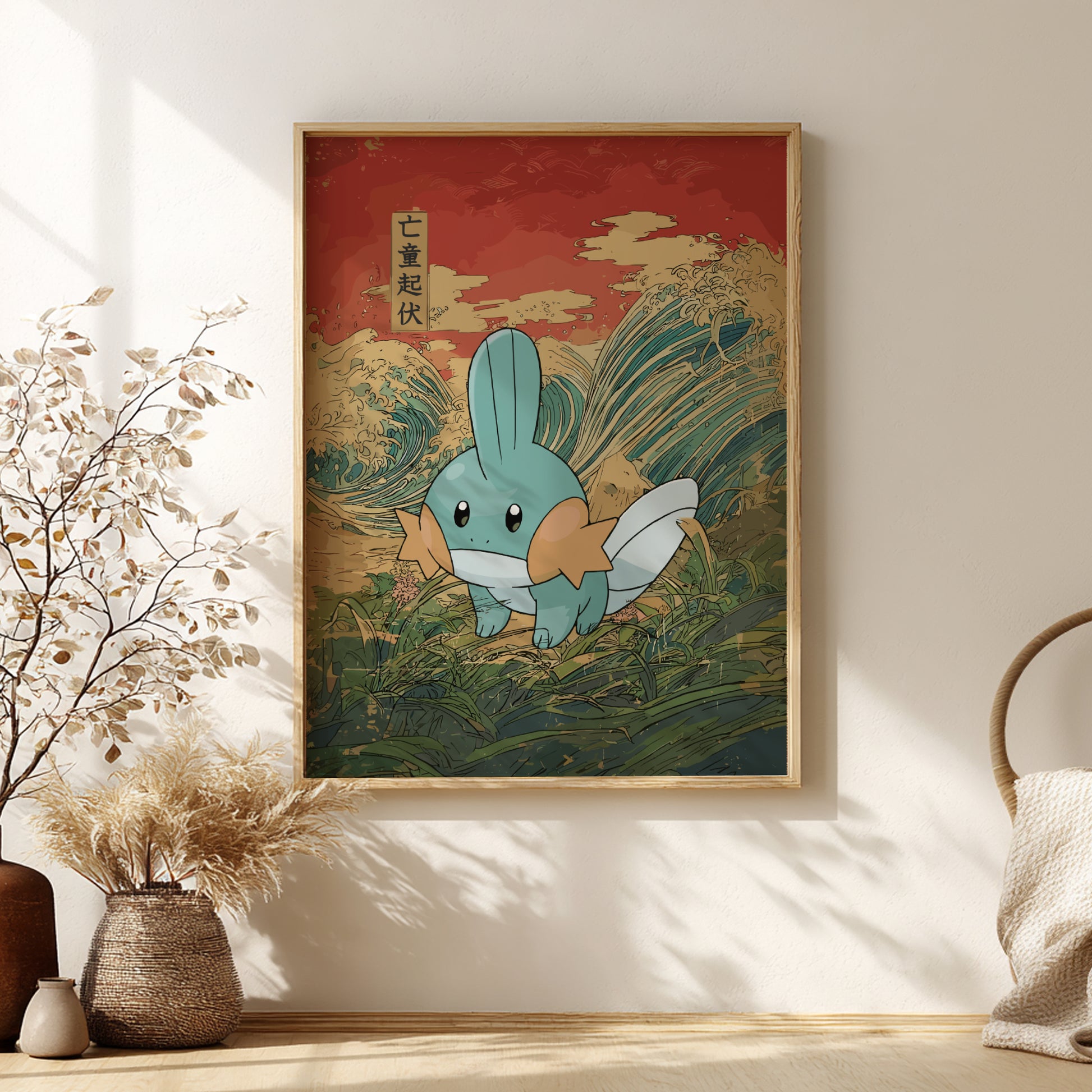 Framed artwork of Mudkip Pokemon on a wave with Japanese text, displayed on a wall.