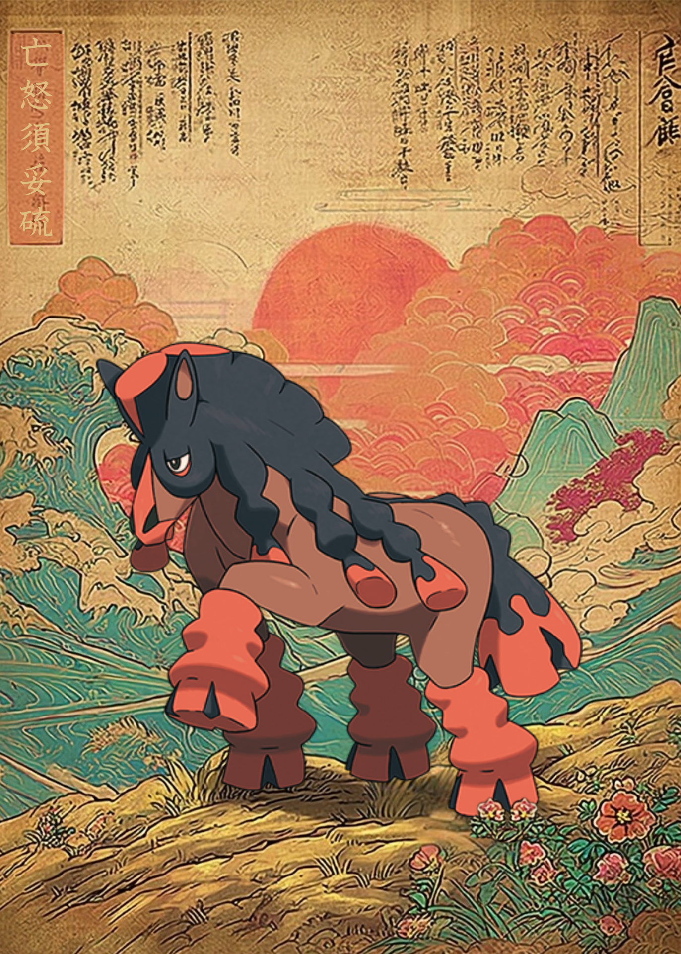 Mudsdale Pokemon in a stylized landscape with mountains and clouds.