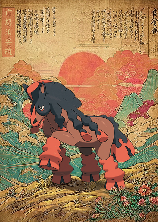 Mudsdale Pokemon in a stylized landscape with mountains and clouds.