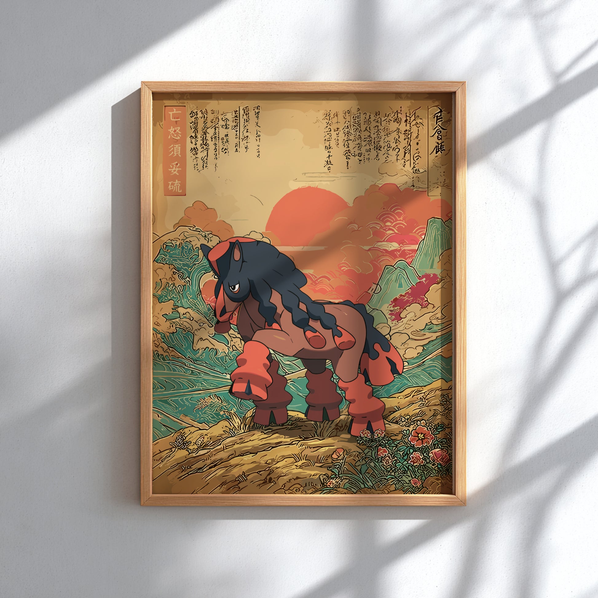 Framed artwork of a stylized Mudsdale Pokemon with a mountainous background